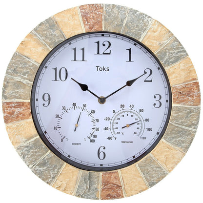 Lily's Home Hanging Wall Clock, Includes a Thermometer and Hygrometer and is Ideal for Indoor and Outdoor Use, Wonderful Housewarming Gift for Friends, Faux-Stone (13 Inches)