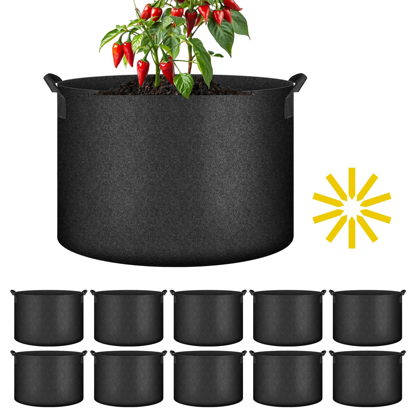 iPower 10-Pack 10-Gallon Grow Bags Nonwoven Fabric Pots Aeration Container with Strap Handles for Garden and Planting, 10 Gallon, Black