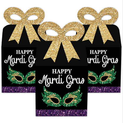 Big Dot of Happiness Mardi Gras - Square Favor Gift Boxes - Masquerade Party Bow Boxes - Set of 12