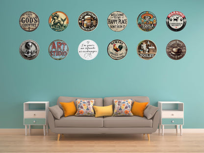 Welcome Sign for Front Door Round Metal Welcome to My Happy Place Plaque for Home Office Bedroom Kitchen Dining or Bar Decor 8x8 In