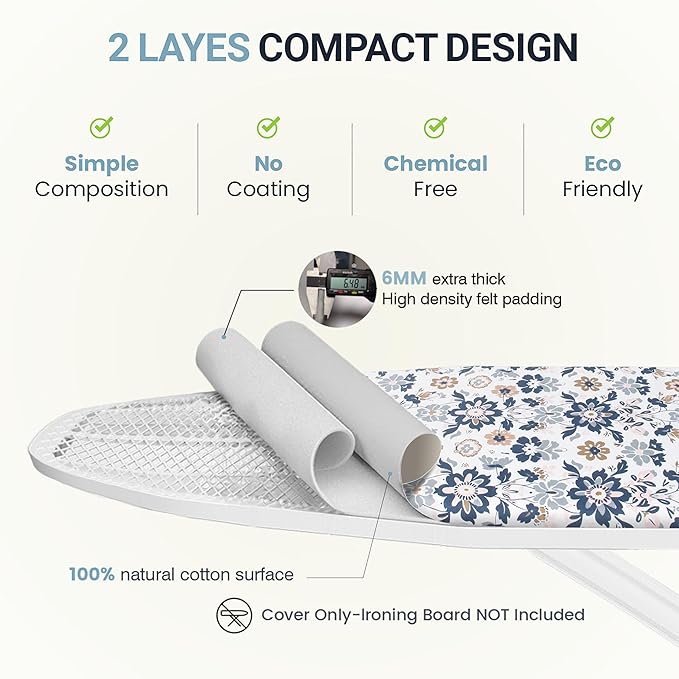 Ironing Board Cover and Pad 15"x54" Extra Thick Natural Cotton, Scorch and