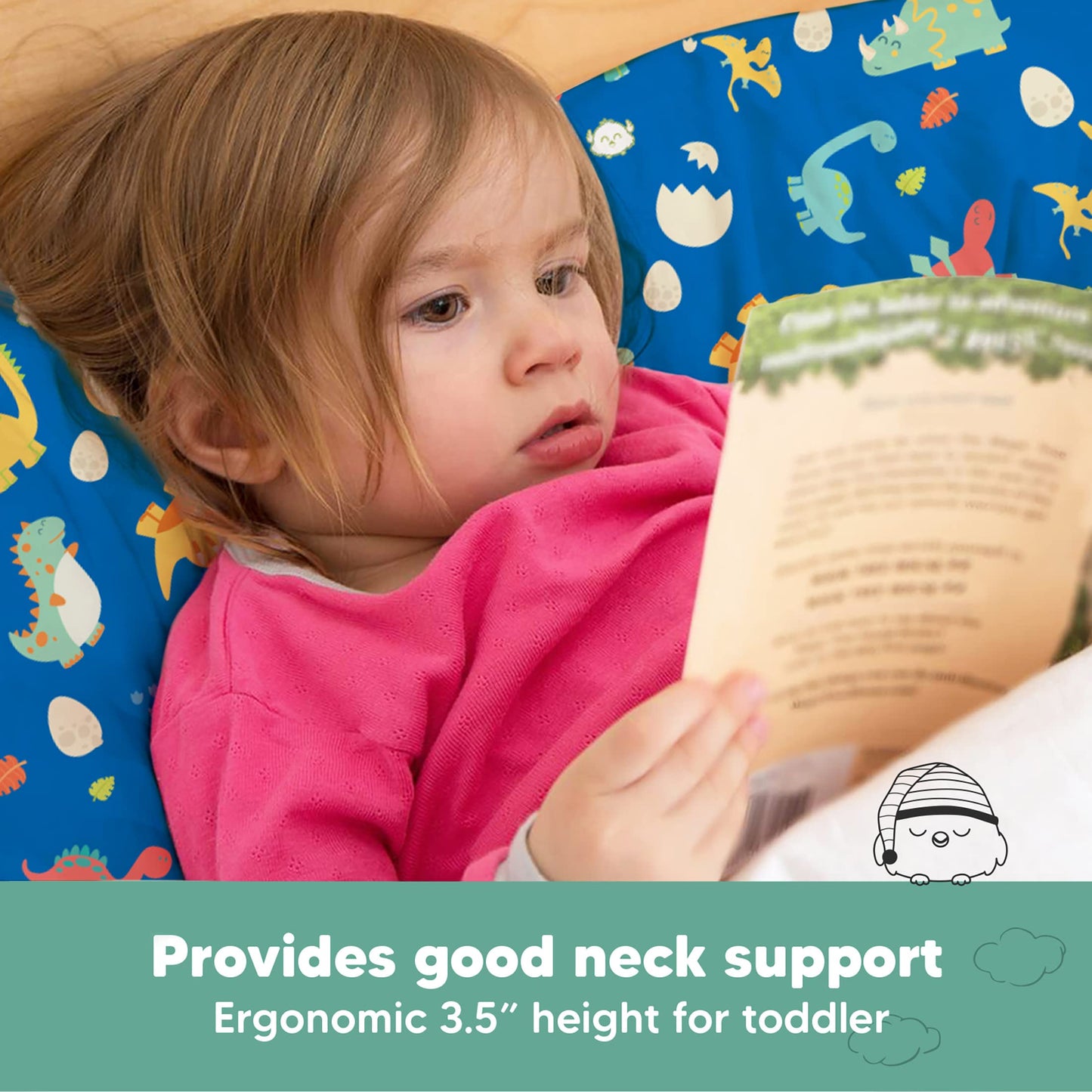 Toddler Pillow with Pillowcase - 13x18 My Little Dreamy Kids Travel Bed Pillows for Sleeping, Organic Cotton Small Pillowcase, Soft & Breathable, Machine Washable, Toddlers 2-5 Years Old (DinoWorld)