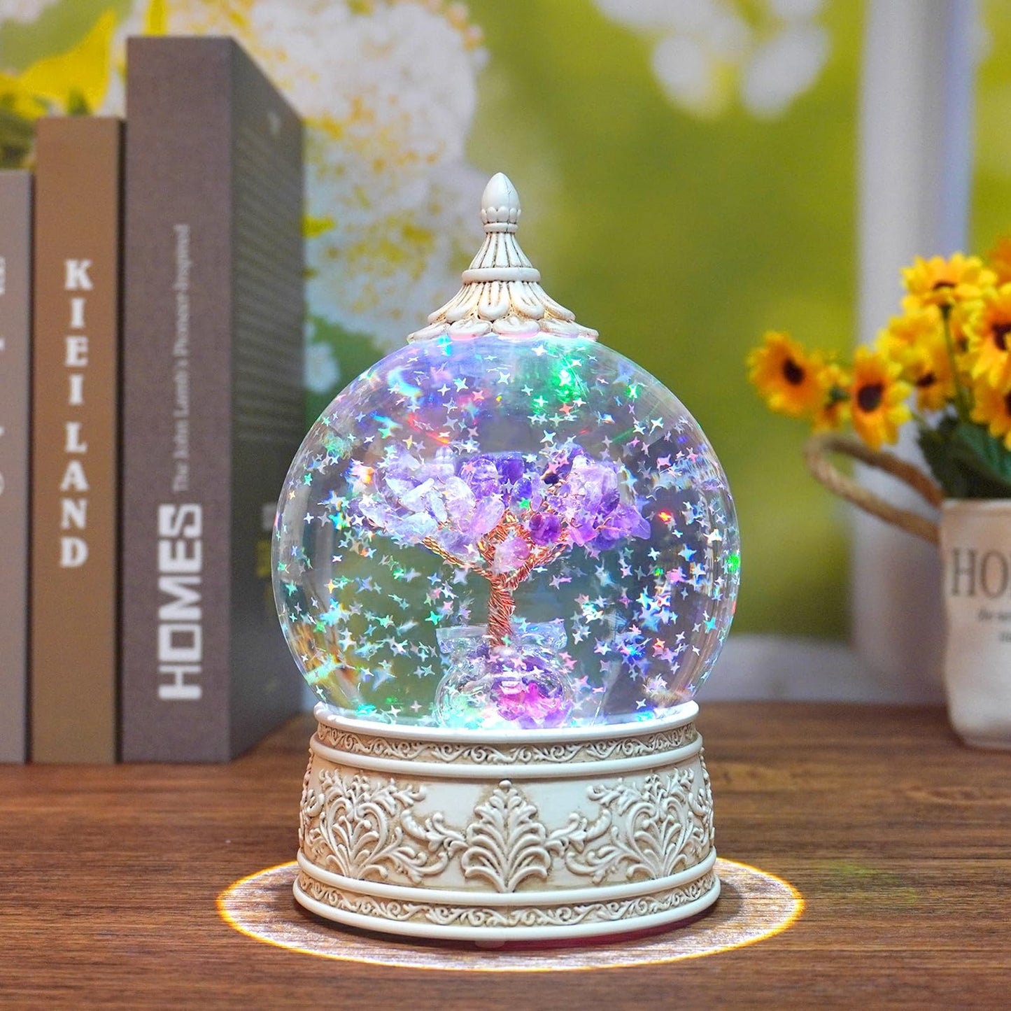 Amethyst Healing Crystal Tree Globe with Colorful Lights and Sparkling Glitter, Natural Gemstone Base, Spiritual Meditation, Positive Energy Good Luck, Home Decor, Birthday Gifts (Amethyst)