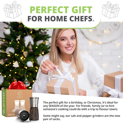 Oliver's Kitchen ® Salt & Pepper Grinder Set - 2X Premium Quality Ceramic Grinders - Easy to Fill & Use - Season to Perfection with Adjustable Coarseness - Large Capacity - Refill Less Often