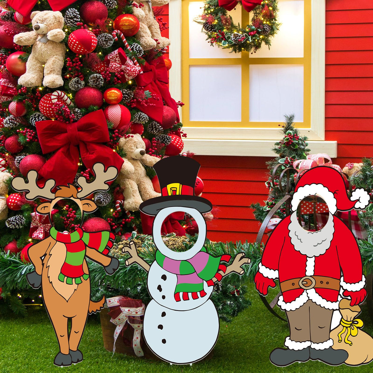 Soaoo 3 Pcs 36" Christmas Yard Sign Snowman Santa Claus Reindeer Photo Props Xmas Outdoor Decorations Large with Stakes Holiday Face Photo Cutout Decorations for Yard Lawn Garden Xmas Gifts