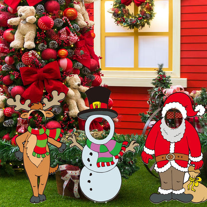 Soaoo 3 Pcs 36" Christmas Yard Sign Snowman Santa Claus Reindeer Photo Props Xmas Outdoor Decorations Large with Stakes Holiday Face Photo Cutout Decorations for Yard Lawn Garden Xmas Gifts