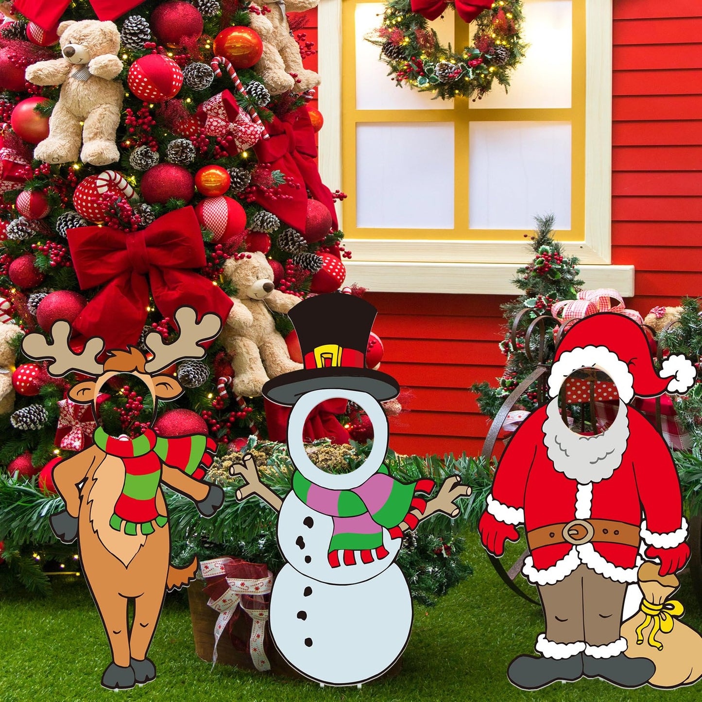 Soaoo 3 Pcs 36" Christmas Yard Sign Snowman Santa Claus Reindeer Photo Props Xmas Outdoor Decorations Large with Stakes Holiday Face Photo Cutout Decorations for Yard Lawn Garden Xmas Gifts