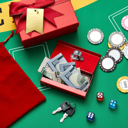 CroBlissful 3 Pcs Metal Casino Cash Box for Gambler, Pocket Size Casino Cash Safe Red Small Portable Money Slot with 2 Keys and Storage Bag Gift Stops Addictive Urges