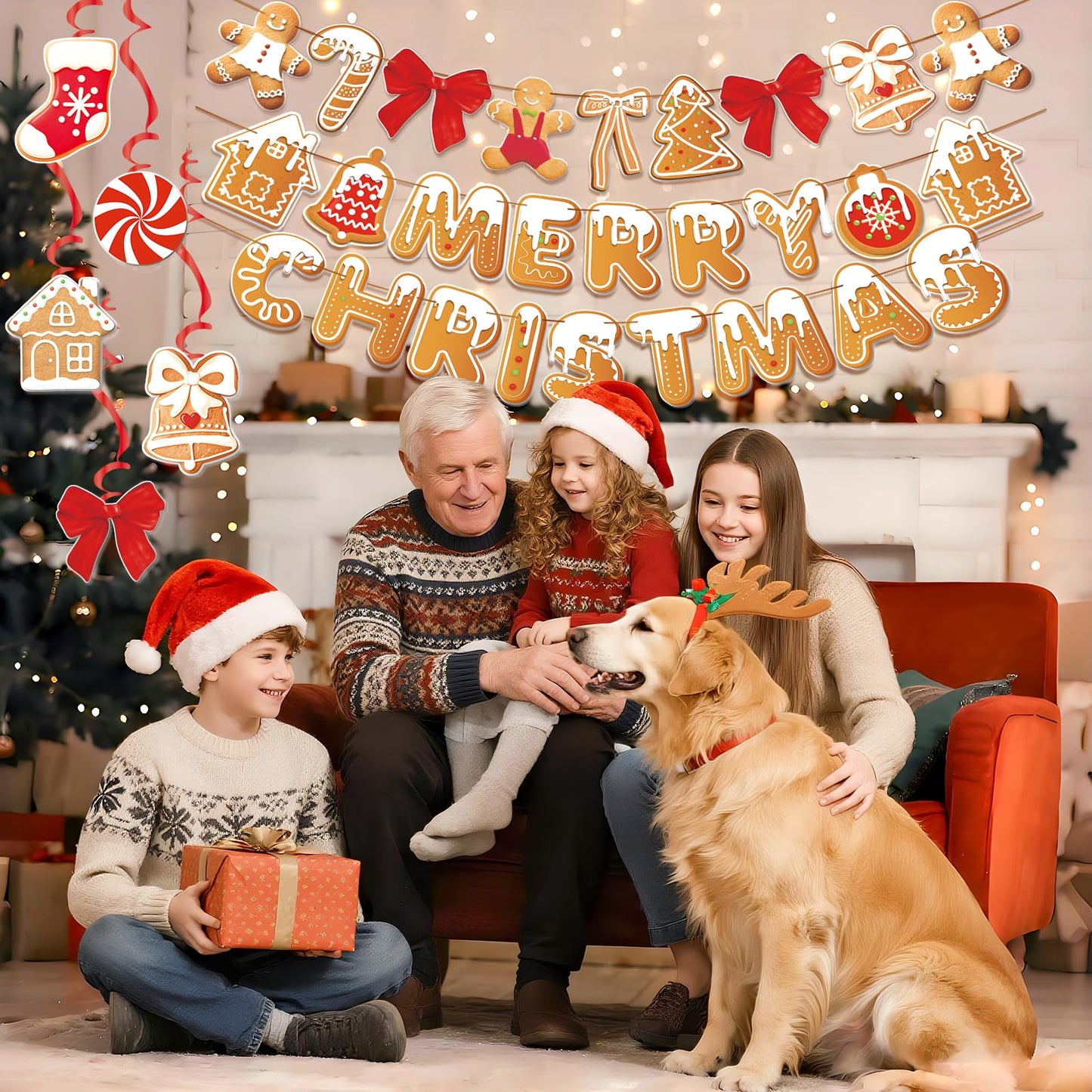 OBBOLO Merry Christmas Banners Gingerbread Theme, Pre-Strung Xmas Party Decorations, with 20 Pcs Gingerbread Men Hanging Swirls for Office Celebrations, School Events, Home Holiday Indoor Decor
