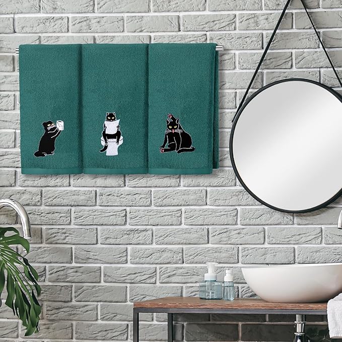 3 Pcs Cat Hand Towels for Bathroom Decor Funny Embroidered Black Cat Halloween