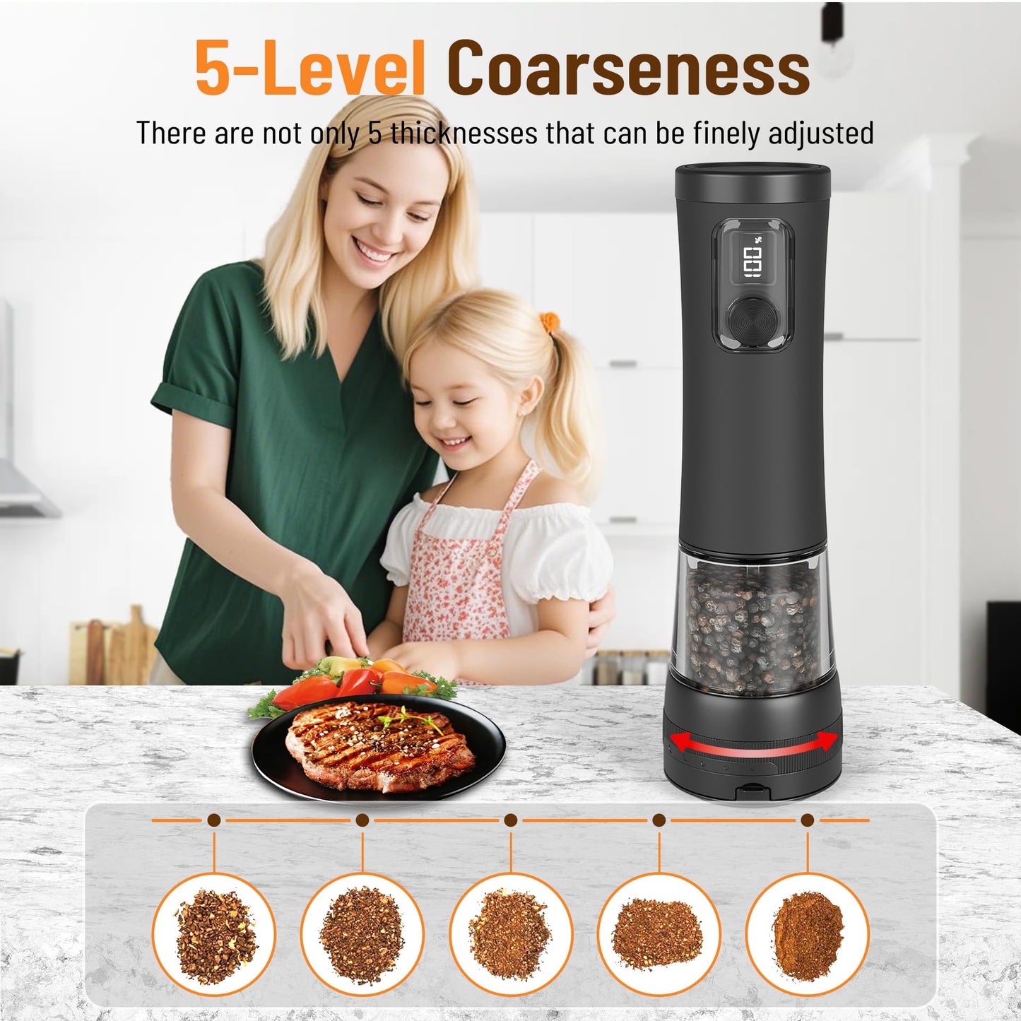Veiliss Electric Salt and Pepper Grinder Set, Battery Display Rechargeable Base, External 5 Adjustable Coarseness, Stainless Steel Frosted Finish Automatic Mill with LED Light