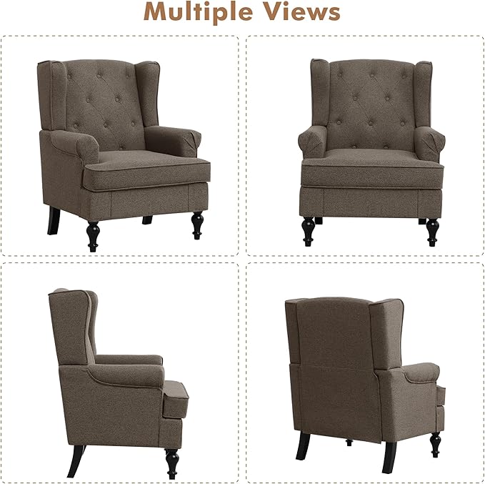 Accent Chair Set of 2, Mid Century Modern Fabric Wingback Chair, Upholstered