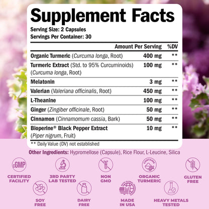 Turmeric Supplement - Turmeric Curcumin with Black Pepper, Melatonin 3mg & Valerian. Natural Sleep Aid for Adults with L-Theanine, Ginger, Valerian Root Capsules. Aids Relaxation and Mood. 60 Capsules