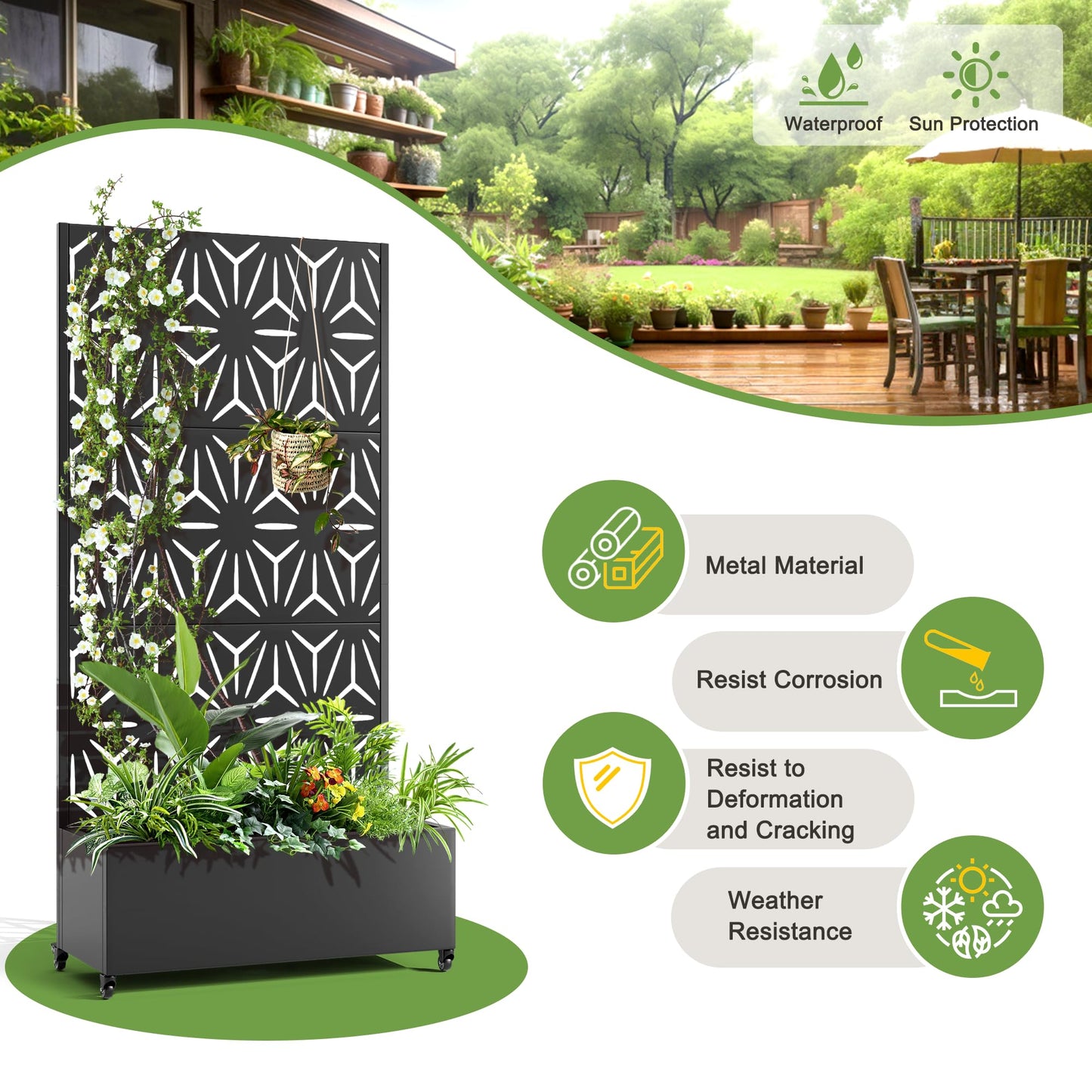 FENCY Metal Raised Garden Bed with Wheels and Trellis,73"x35"x16" Planter Box for Climbing Plants, Vegetables & Vines, Features Privacy Screen and Drainage Holes (Black-Star)