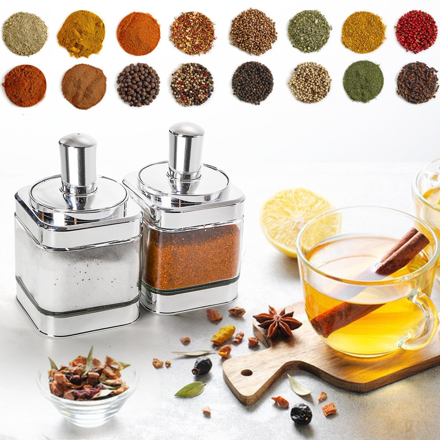 Mezchi 2 Pack Glass Condiment Pot, 12 Ounce Spice Jars with Spoon, Seasoning Box Set Salt Container, Sugar Dispense, Kitchen Containers for Flour and Sugar (Silver)