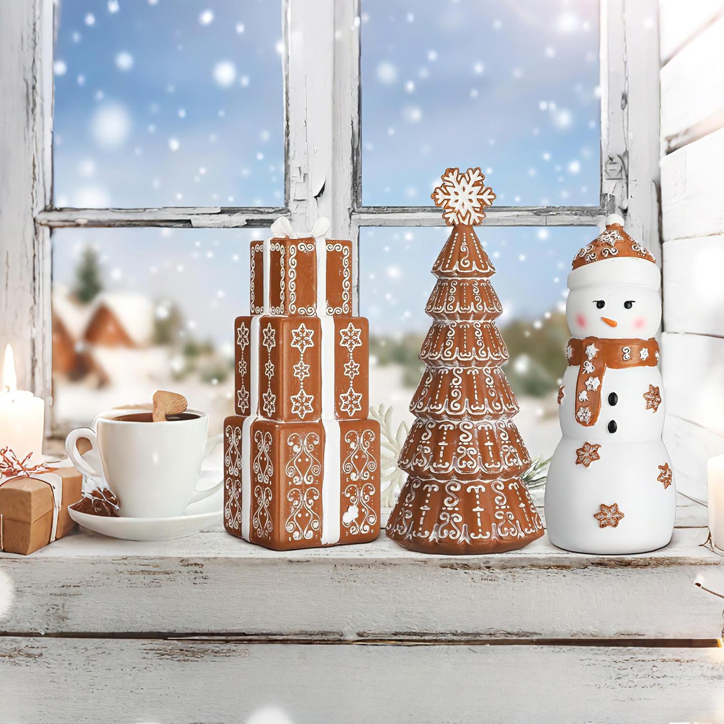 Kathfly 3 Pcs Christmas Winter Gingerbread Figurines Set Resin Snowman Gingerbread Tree Collectible Gift Table Centerpiece for Home Christmas Holiday Shelf Mantel Table Display