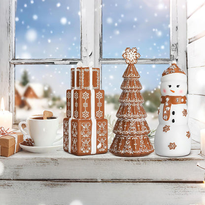 Kathfly 3 Pcs Christmas Winter Gingerbread Figurines Set Resin Snowman Gingerbread Tree Collectible Gift Table Centerpiece for Home Christmas Holiday Shelf Mantel Table Display