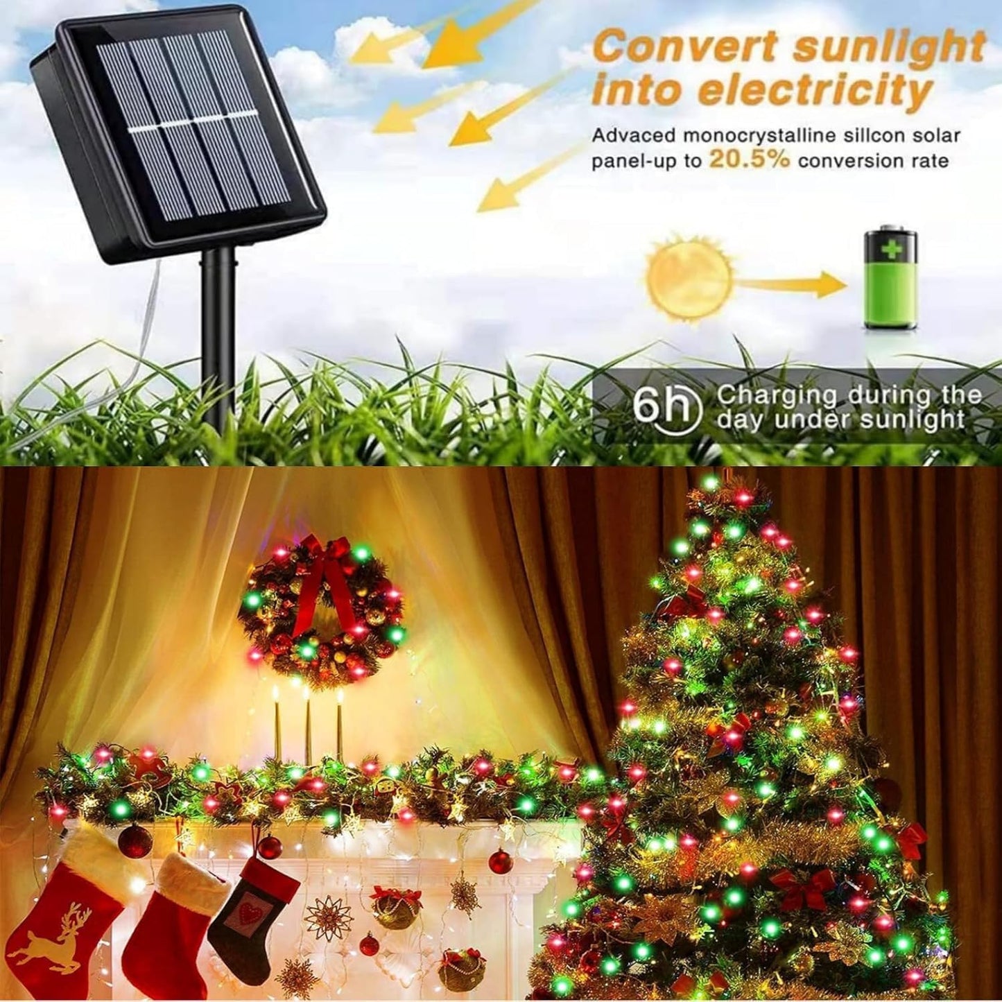 QITONG Red and Green Solar Rope Lights, 2 Pack Each 33ft 100 LED String Lights Outdoor, Fairy Lights in Clear Thin Tube with 8 Modes