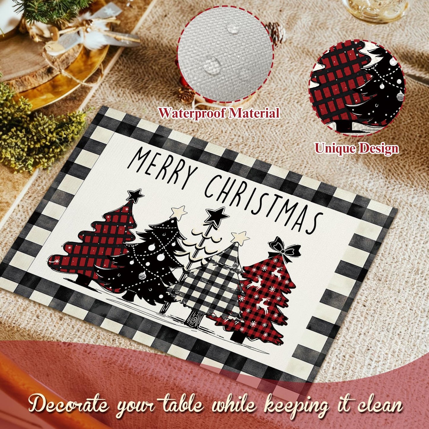 Christmas Tree Snowflakes Placemats Set of 4 Winter Gifts for Christmas Women Rustic Holiday Plaid Placemats Decor for Xmas Party Outdoor Home Kitchen Dining Recyclable Table Mats 12x18 inch - DH713