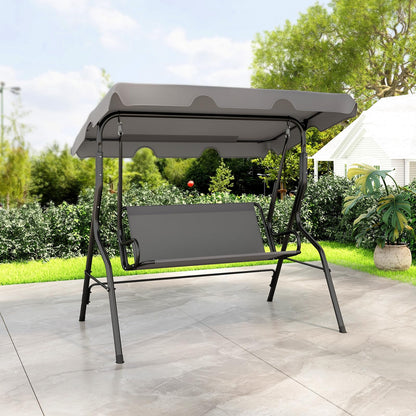 HAPPYGRILL 3-Person Patio Swing Chair, Outdoor Swing Glider with Adjustable Canopy and Removable Cushion, Porch Swing with Stand for Garden and Backyard, (Grey)