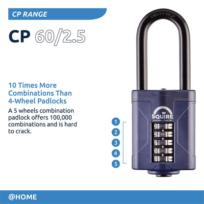 Squire Heavy Duty Padlock CP60/2.5 - Toughest Long Shackle 5 Wheel Combination Padlock, Alloy Steel, Corrosion Resistance, Weatherproof - Blue, 2.36 in