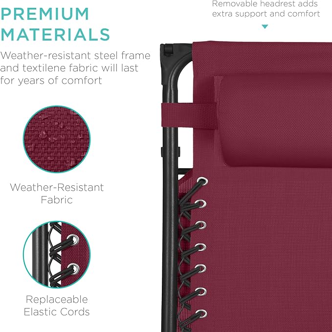 Best Choice Products 30” Wide Folding Zero Gravity Outdoor Recliner Patio Lounge Chair w/Adjustable Canopy Shade, Headrest, Side Accessory Tray - Burgundy