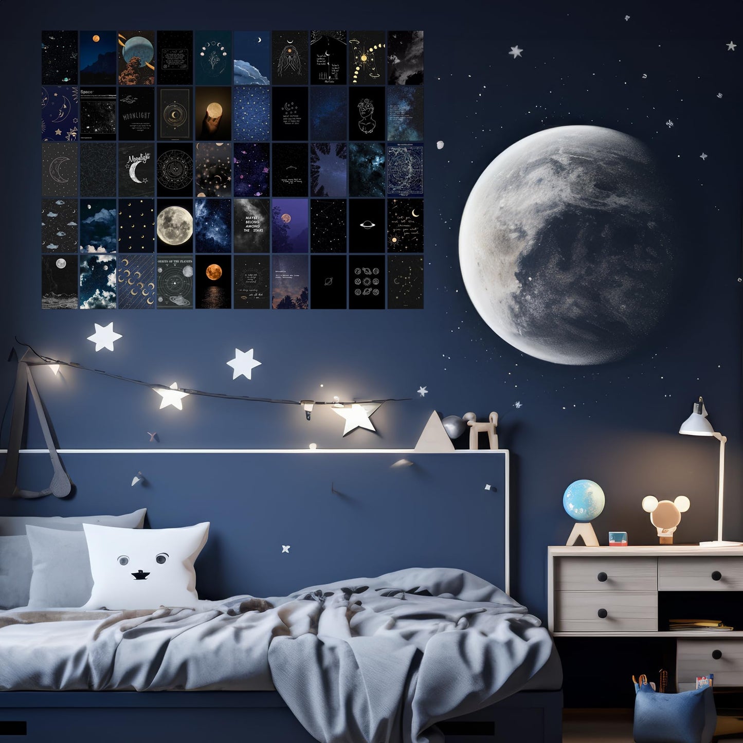 wall67 Astronomy Wall Collage Kit Aesthetic Pictures, Moon Stars Photo Collage Kit Dorm Room Decor for Teen Boy Girl, Moonlight Aesthetic Room Decor Photo Collection for Bedroom (50pcs 4x6 inch)
