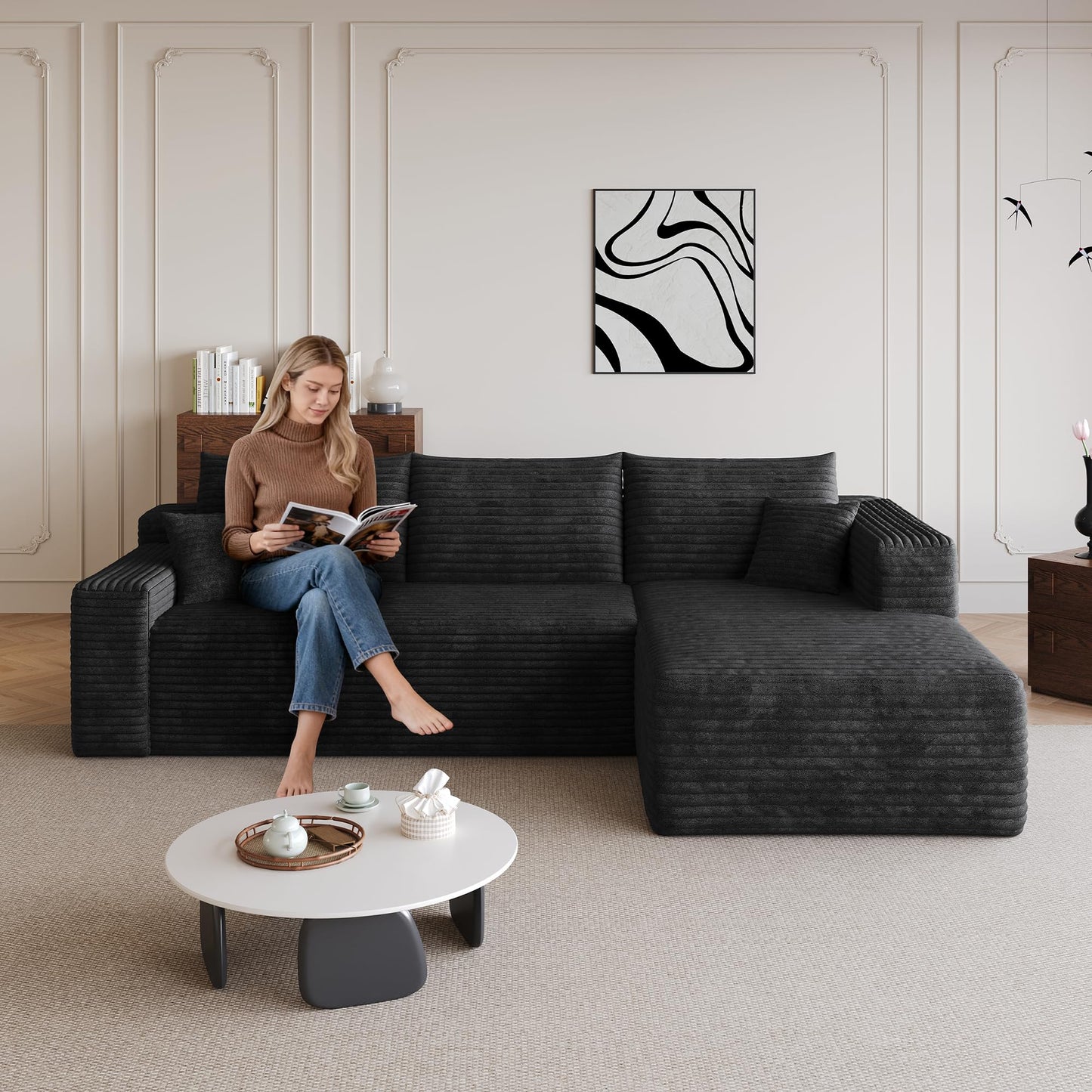 95" L Shaped Boneless Sectional Sofa Couch with Chaise Lounge, Minimalist Right Facing Compressed Cloud Modular Sectional Sofa Corner Couchfor Living Room,No Assembly Required