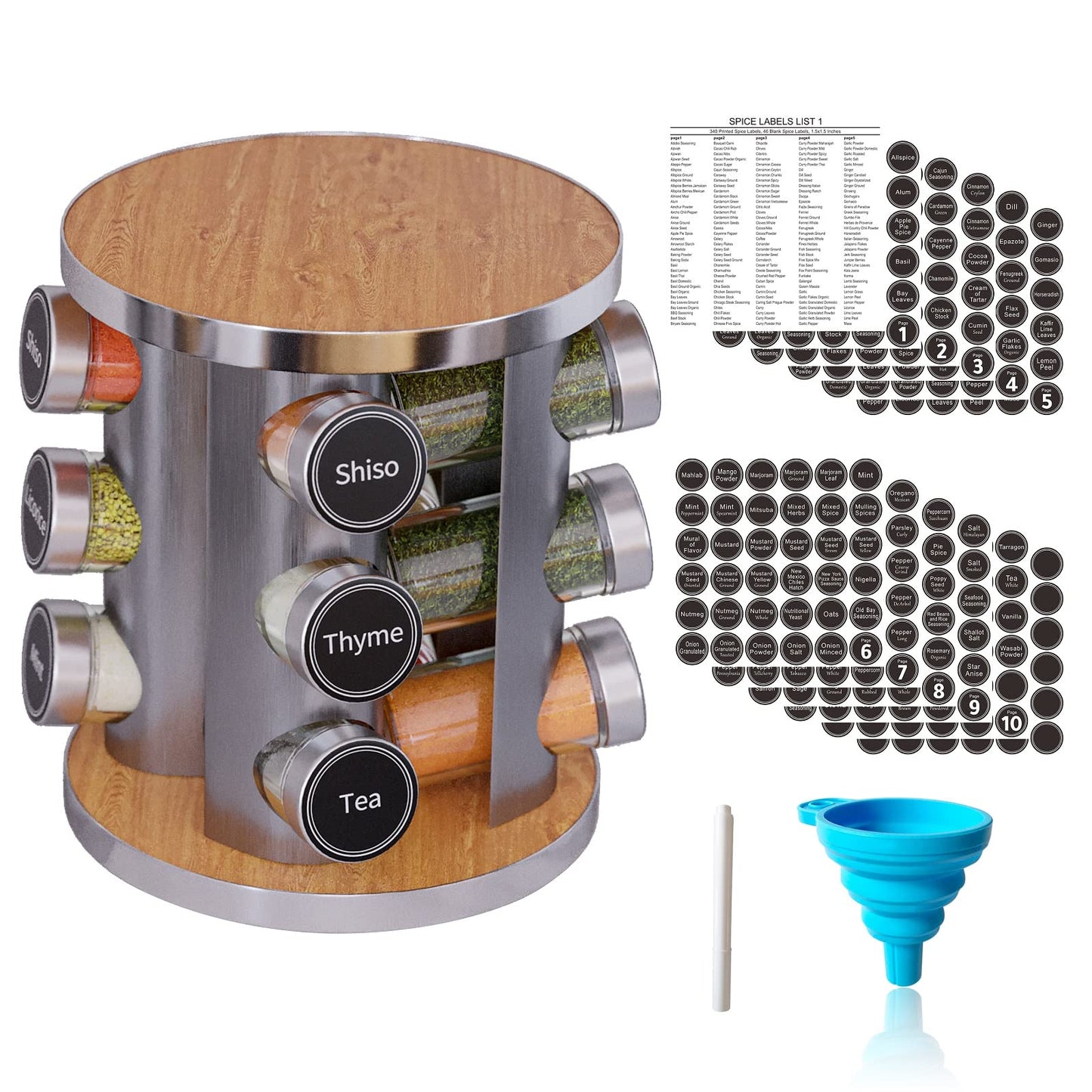 Revolving Spice Rack Set with 20 Spice Jars, Kitchen Spice Tower Organizer for Countertop or Cabinet -- Carousel Storage Includes 386 Spice Labels -- Desktop Rotating Seasoning Organizer