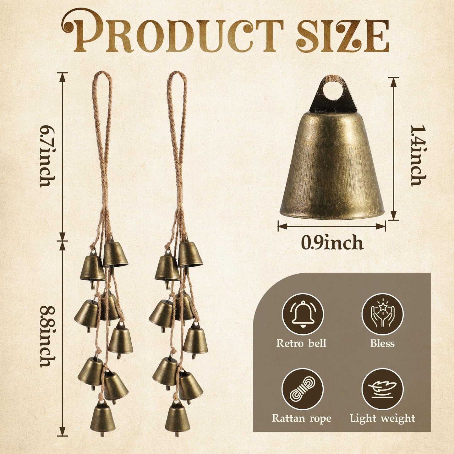 2 Pack Witch Bells for Door Knob Protection Outdoor Bells Small Hanging Bells for Door knob Witches Bells Magic Wind Chimes for Home Protection Witch Bells Kit(Rustic)