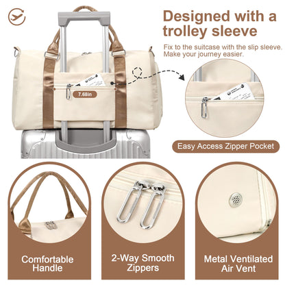 FIORETTO Womens Gym Tote Duffle Bag with Wet Pocket & Shoe Compartment, Sports Duffel Overnight Weekender Hospital Workout Carry on Bag for Girls, Ideal for Travel, Swimming, Dance, Ballet Beige