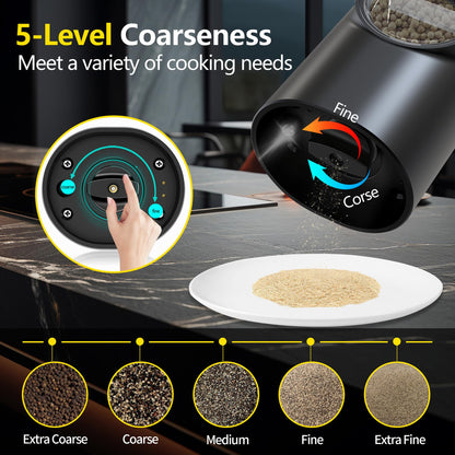 Electric Salt and Pepper Grinder Set, Rechargeable Pepper Grinder with Charger Tray, USB Cable, One Hand Operation, Adjustable Coarseness with Ceramic Grinder (Set of 2,Black)