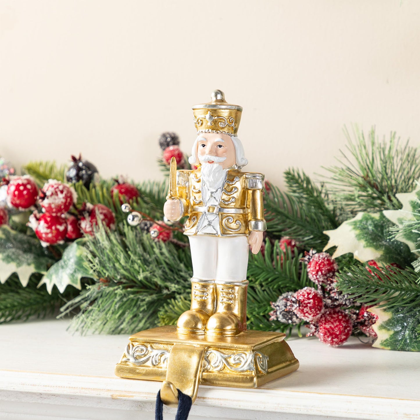 Glitzhome Nutcracker Christmas Stocking Holders, Set of 2 Gold and White Polyresin Mantel Hooks for Fireplace, Holiday Decor with Non-Slip Base