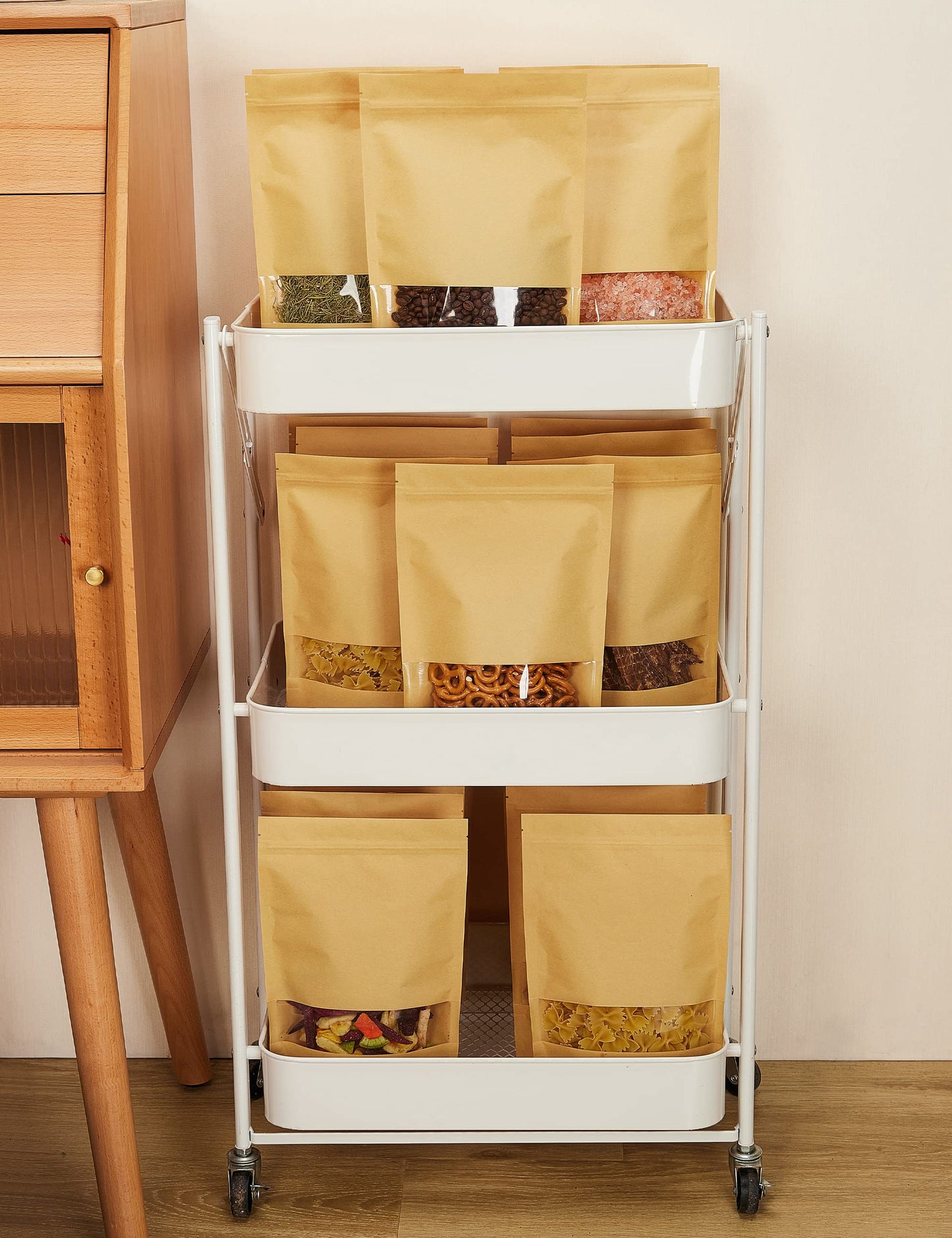 FireKylin 100 Pcs Brown Paper Bags with Window, 7.9" x 11.8" Stand Up Pouches Bags, Zipper Food Storage Bags for Packaging Products, Reusable, Sealable