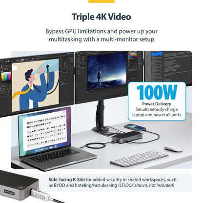 StarTech.com USB-C Triple Monitor Docking Station for MacBook Pro / Air M1 M2 M3 M4 & Windows, Universal 4K HDMI DP Dock, Thunderbolt Compatible, 100W Laptop Charging (116N-USBC-DOCK)