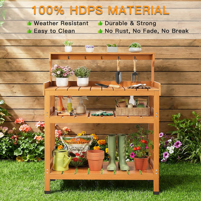 Frogprin Potting Bench Table, Extra-Large Outdoor Garden Potting Bench (HDPS) with 9 Hooks, All-Weather Garden Table Work Station, No Rust, No Fade, No Break (Teak, 35.6''X16.5''X45.5'')