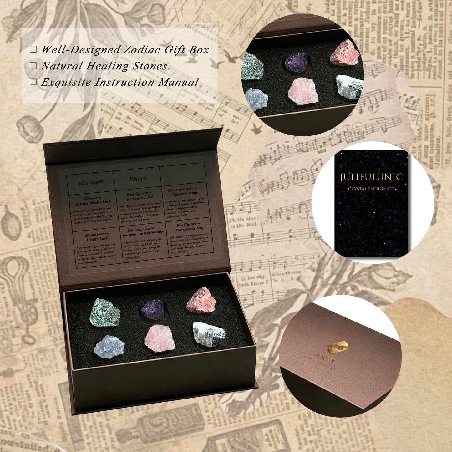Juliful Unic Pisces Zodiac Set – 6 Crystals for Emotional Balance & Intuition, Includes Moonstone, Sunstone, Celestite + 3 in Luxury Box, Astrology Crystals Healing Stones Gifts