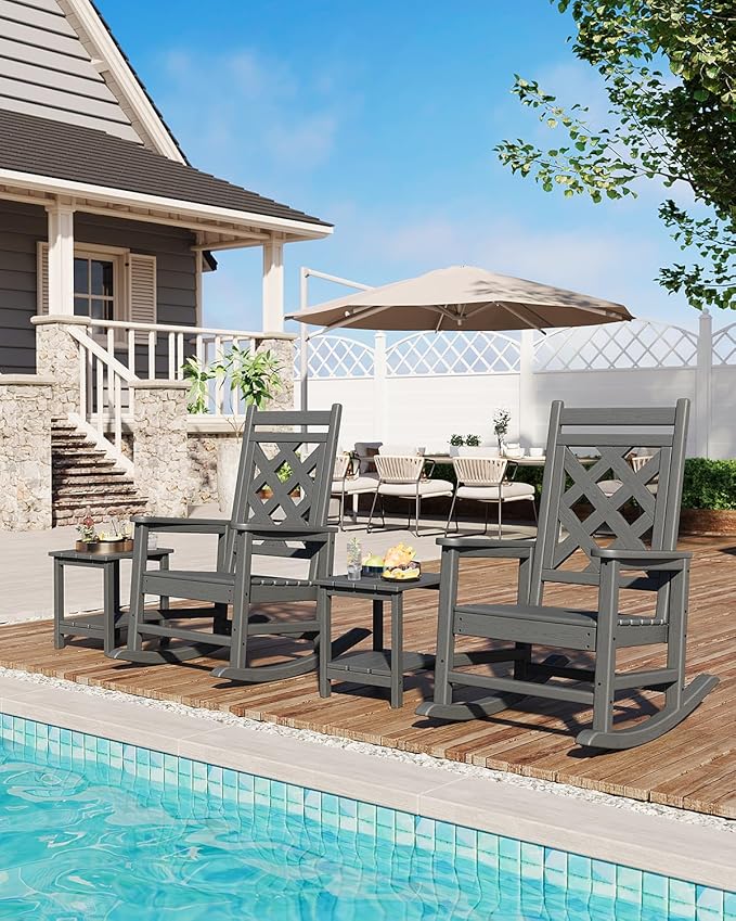 GarveeLife Outdoor Rocking Chair Set of 6, HDPE Weather Resistant Patio Rocking Chair Porch Rocker with Wood Texture & 380 LBS Support for Deck, Pool, Backyard, Gray