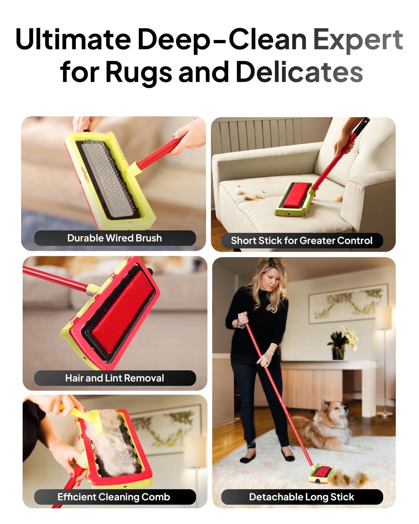 LeBRUSH 2.0 Pet Hair Broom for Carpet for Short & Long Cat, Dog Fur | Remover for Carpet & Couch, Pet Hair Rake, Dog Fur Remover