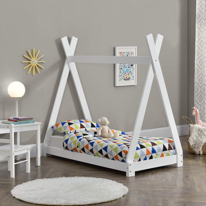[en.casa] Children Bed 148x76x140cm Matte White Bed for Kids Pine Wood Bed Frame Indian Tent Design