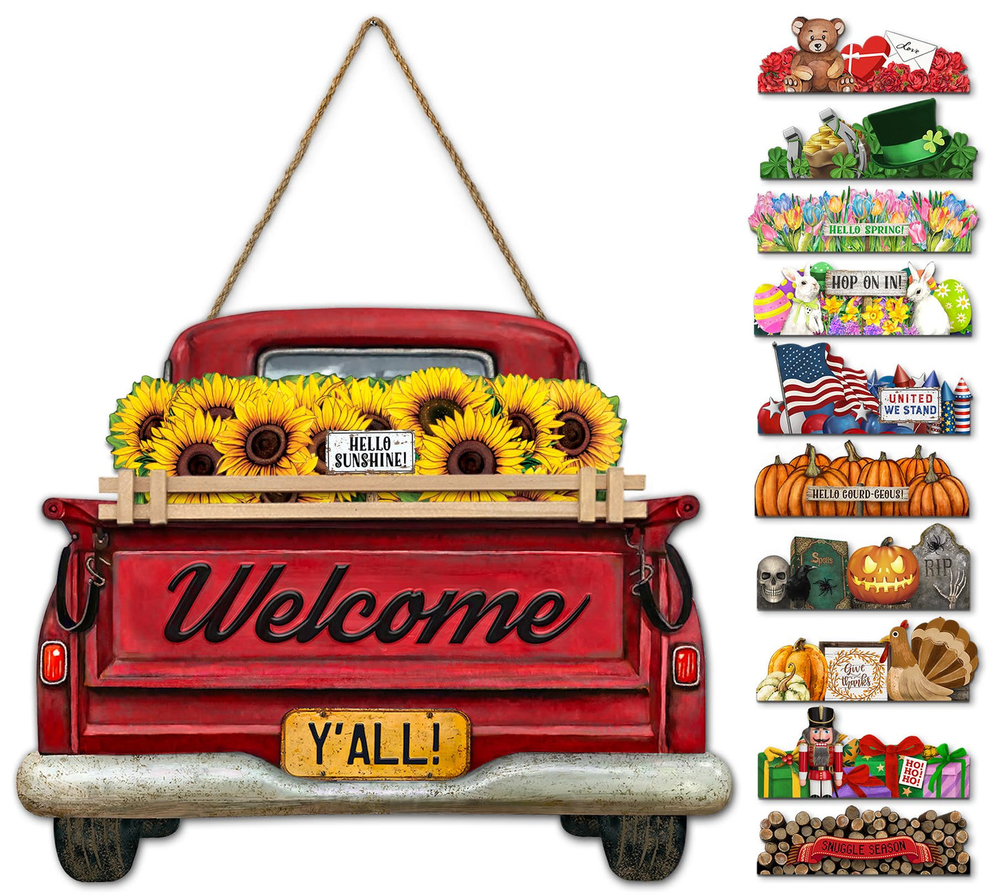 Interchangeable Welcome Sign for Front Door Red Farmhouse Truck Decor Hanging Sign with 11 Interchangeable Seasonal and Holiday Decor Signs 12x14 in. (Country Rustic)