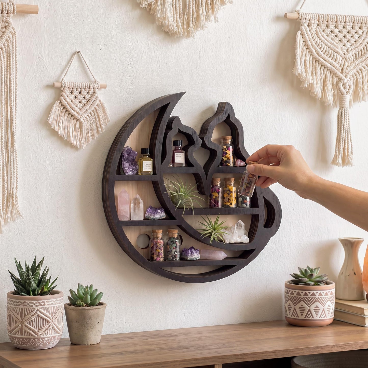 FNYDOX Crystal Display Shelf for Wall, Cats on the Moon Shelf, Crescent Moon Phase Cute Home Decor Wooden Rock Display Shelf Crystal Holder Stone Storage Aesthetic Hanging Floating Organizer