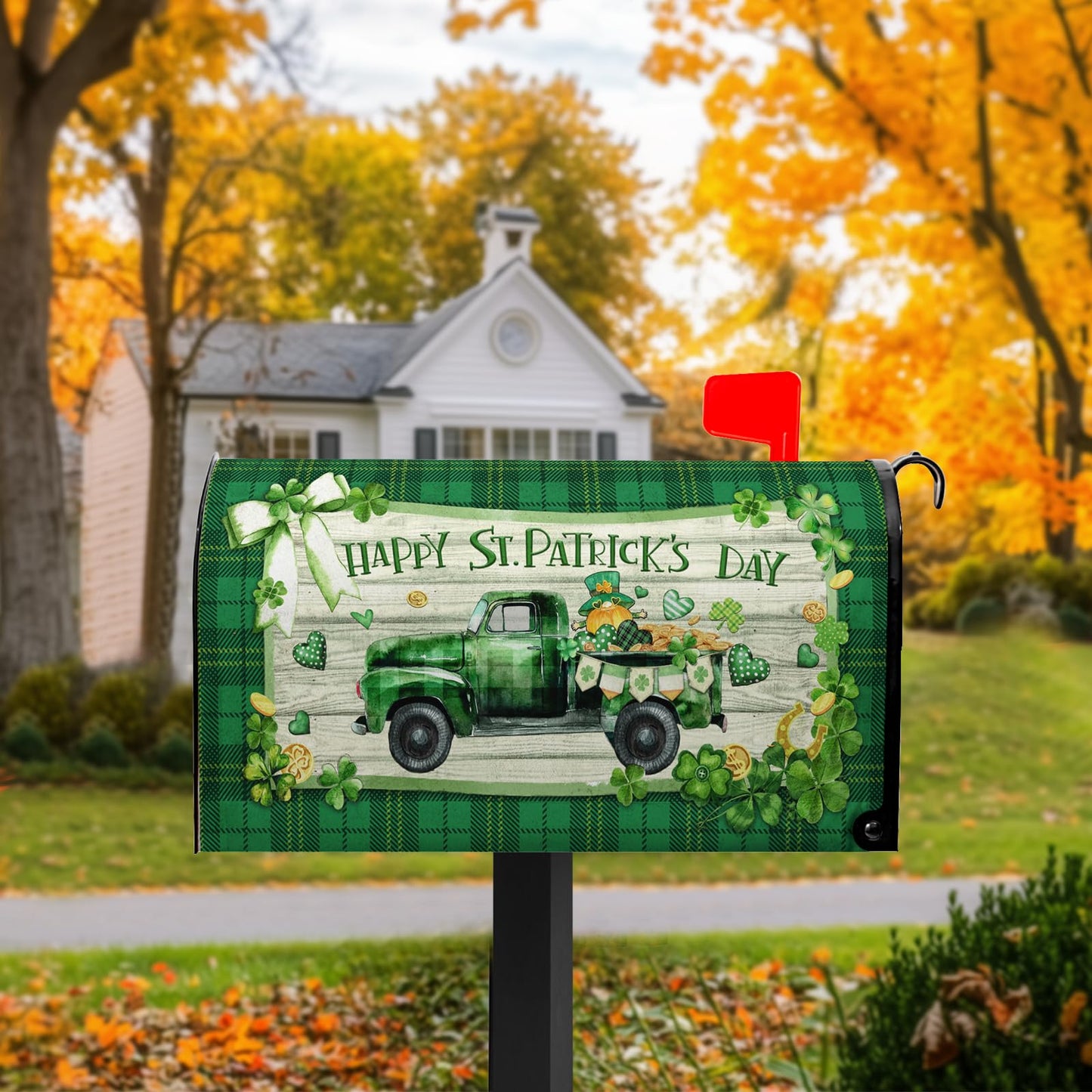 VentuCoven St Patricks Mailbox Covers Magnetic - Truck Mailbox Cover - for Garden Farmhouse Decor - Standard Size 21x18 in - Clover Buffalo Plaid Green