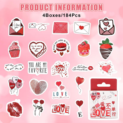 184Pcs Love Stickers for Scrapbooking, Waterproof Valentine's Day Decals, Scrapbook Stickers Love Themed Sticker Pack, Cute Heart Stickers for Couples Envelope Diary Planner Letter DIY Decor (4Boxes)