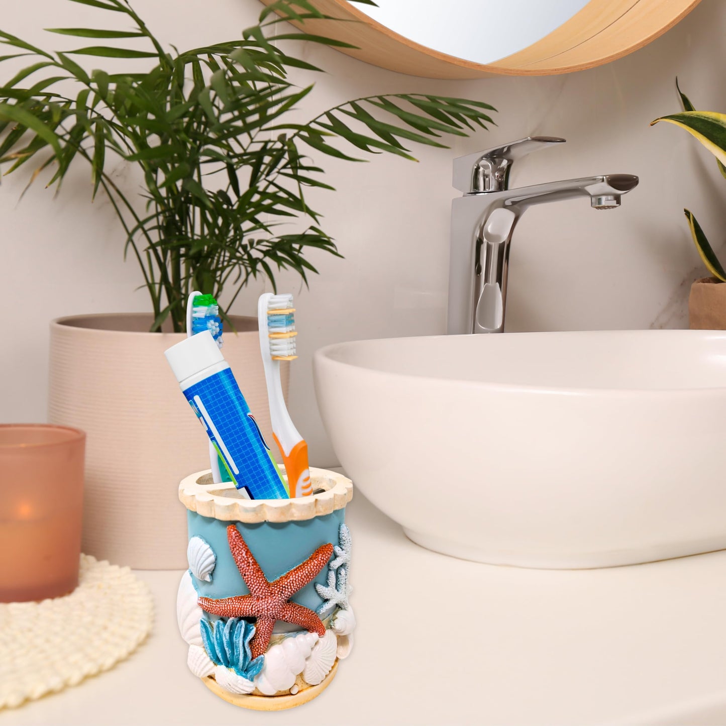 Seaside Splendor Toothbrush Holder – Beautifully Detailed 3D Ocean Elements, Seashells, Starfish, Premium Resin for Coastal Bathrooms, Guest Baths, Beach-Themed Décor, and Nautical Home Accessories