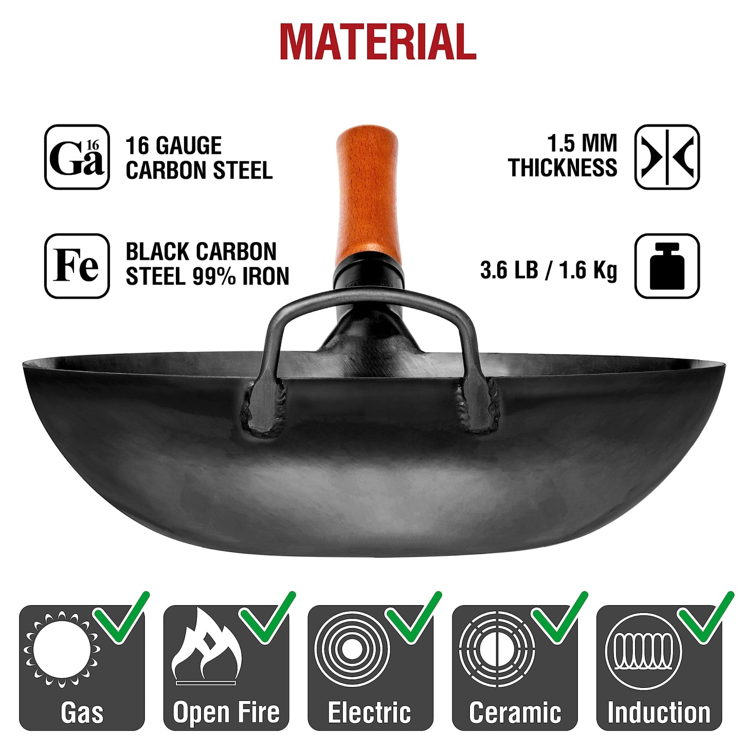 YOSUKATA 13.5" Carbon Steel Wok Pan + 17’’ Wok Spatula and Ladle + Stainless Steel Cutting Board 14.6x10 Inch