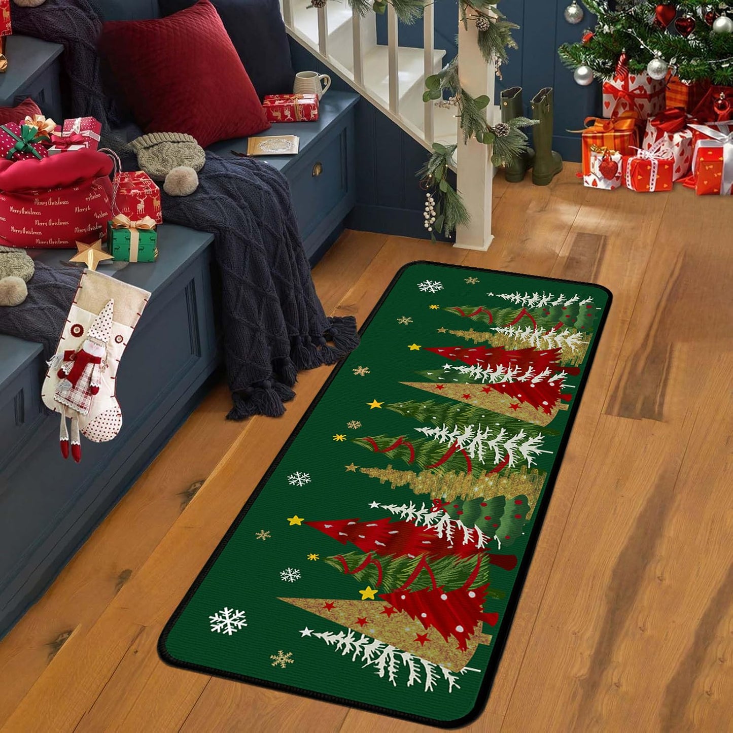 Lingcetger Christmas Kitchen Mats for Floor,Xmas Tree Kitchen Rugs Sets of 2,Green Christmas Non-Slip Kitchen Decor Floor Rug Home Decoration Doormat