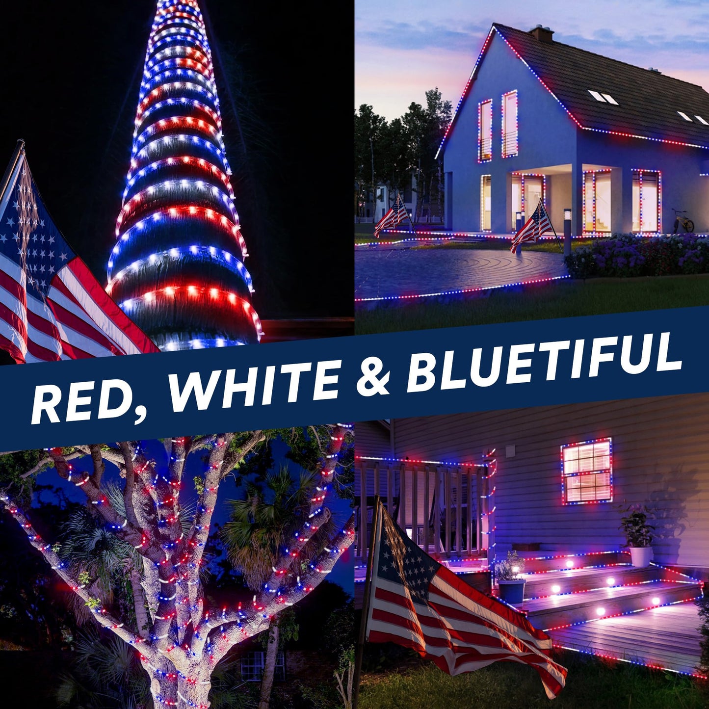WYZworks 576LEDs, 50ft LED American Flag Red White Blue Outside Rope Lights, Waterproof Permanent Outdoor ETL Certified, Connectable, Palm Tree Decorative Landscape Patio Accent Lighting - USA