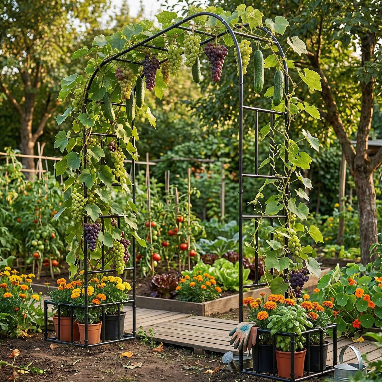 GARDFANCY Garden Arch with Planter Boxes, Metal Arbor Trellis for Climbing Plants Outdoor, Heavy Duty Iron Archway for Wedding Ceremony Party Backyard Lawn Patio Decor, Black