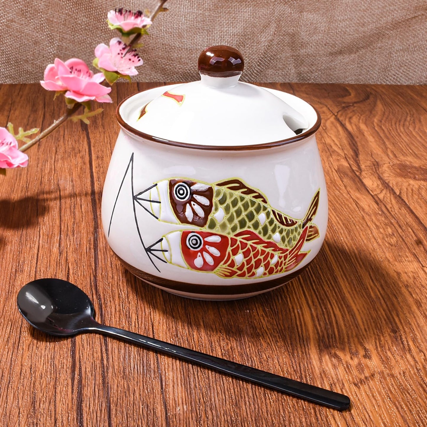 LMRLCS Ceramic Sugar Bowl with Lid and Spoon - 10oz Small Spice Jar with Japanese Koi Fish Design - Decorative Seasoning Container for Salt, Lard, Chili Oil & Condiments, Farmhouse Kitchen Decor